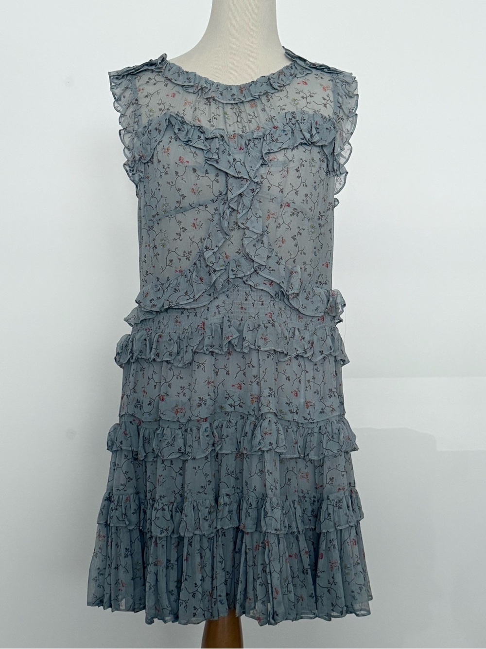 Rebecca Taylor Dusty Blue Floral Ruffle Silk Mini Dress